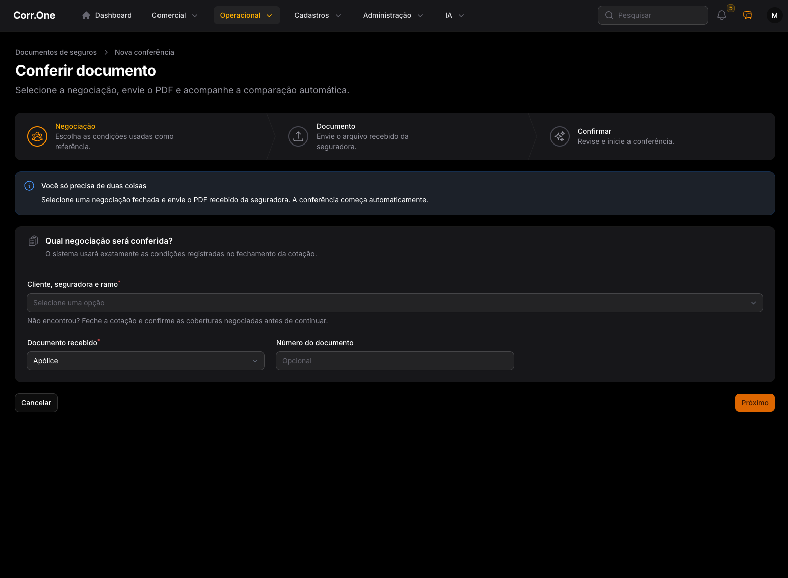 Tela do Corr.One para conferência automática de documentos de seguros