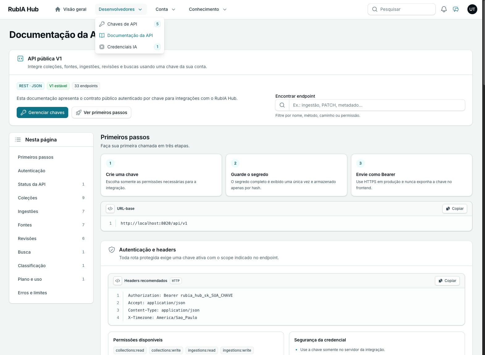 Documentação da API do RubIA Core para integrações de conhecimento